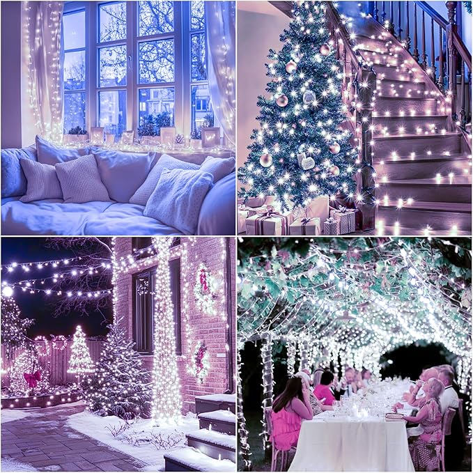 White Christmas Lights Outdoor Battery Operated Total 100LED 33ft for Christmas Decorations 16.4Ft*2, 50LED*2 Waterproof Indoor with Timer for Christmas Decor, Cold White