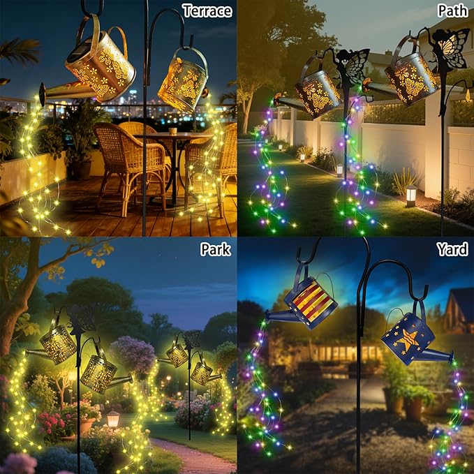 DDQ Solar Watering Can Lights, Warm White/Color LED with Shepherd Hook, IP65 Waterproof Metal Garden Decor, Auto On/Off for Patio Backyard for Mom Family Holidays Gift