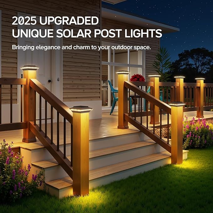 4x4 Solar Post Cap Lights Upgraded, Brighter and Extended Beam to Light Post Fence Deck with Warm/White Lights, Waterproof Outdoor Posts Solar Light for Posts 6 Pack(Black)
