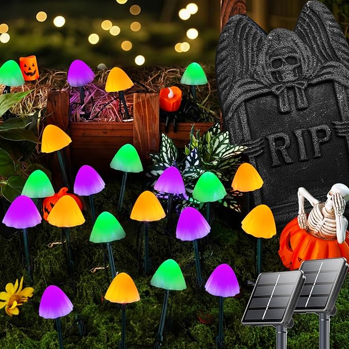 OZS 2PK 55FT 32LED Halloween Orange Purple and Green Solar Mushroom Lights Outdoor, Solar String Light with 8 Lighting Modes Auto On/Off, Halloween Garden Lights for Witch Decorations