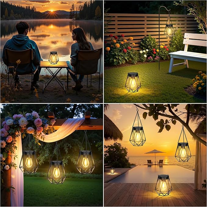 KOOPER 4 Pack Hanging Solar Lanterns Outdoor Waterproof, Metal Hanging Solar Lights for Outside, Upgraded Brighter Outdoor Lanterns Decorative for Garden Patio Yard Porch Gifts for Women Mom Grandma