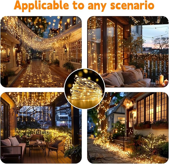 HXWEIYE Rechargeable Fairy Lights with Remote, 66ft 200 LED Twinkle Lights with DIY Timer & Light Sensor, Waterproof Outdoor String Lights for Bedroom Patio Christmas Tree Decor, Warm White