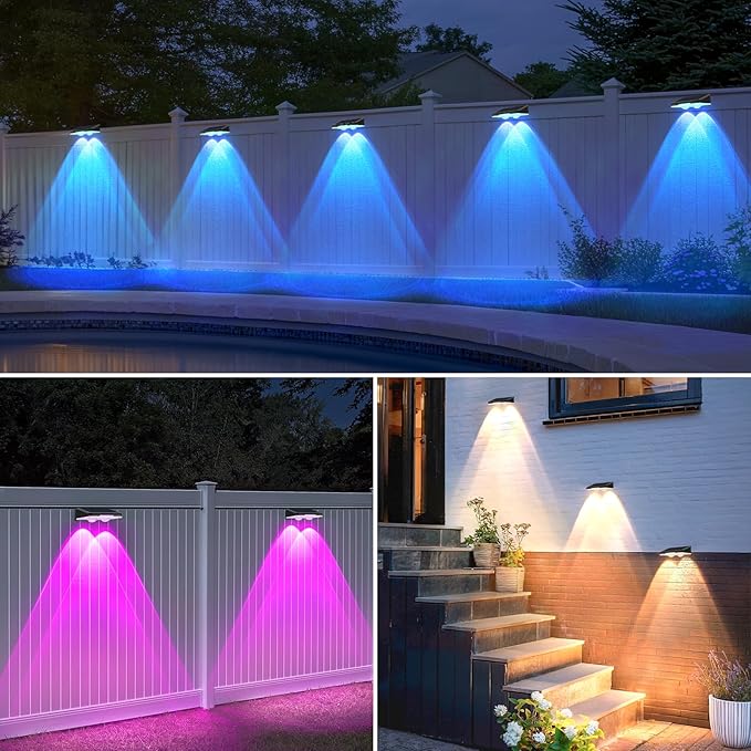 Solar Fence Lights 12-Pack, Waterproof Solar Powered Outdoor Deck Light with Warm White & 6 RGB Colors & 2 Lighting Modes, LED Solar Step Stairs Light for Deck, Fence, Outside, Patio, Garden, Backyard