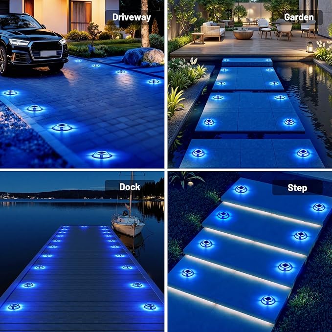 Solar Driveway Lights, 8 Pack Heavy Duty Driveway Lights Solar Powered 2 Color Mode (Cool White/Blue) IP68 Waterproof Outdoor Solar Deck Lights with Ground Stake for Pathway Garden Yard Walkway Dock