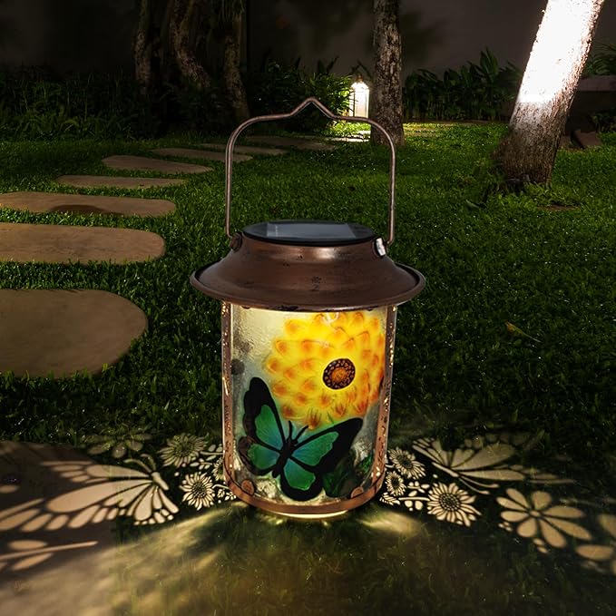 10" H Sunflower Butterfly Solar Lanterns Outdoor, Metal Glass Hanging Solar Lanterns with Hollow Out Retro Sunflower Lights, Decorative for Garden Yard Patio Pathway Tabletop Gifts