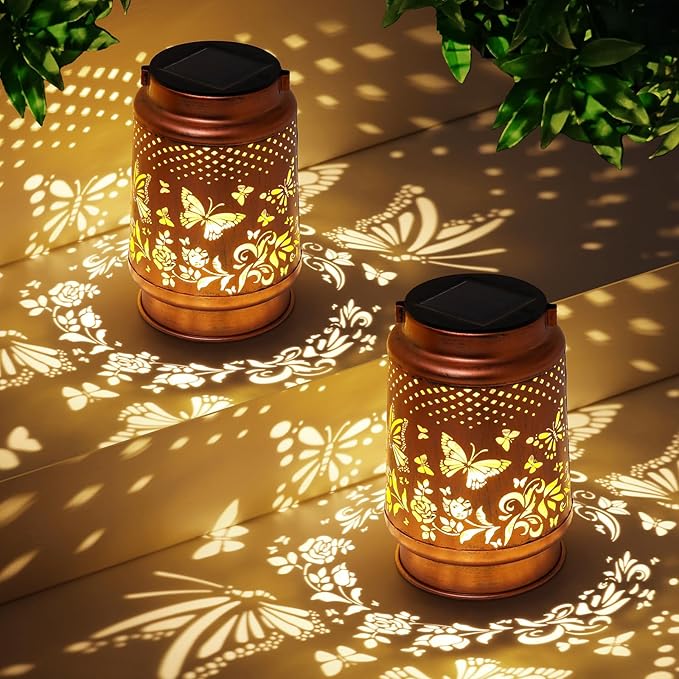 Solar Lanterns Outdoor Waterproof Butterfly Garden Decor Birthday Gifts for Women Mom Grandma, Hanging Solar Lights Metal Lantern Decoration Outside for Yard, Patio, Backyard, Porch