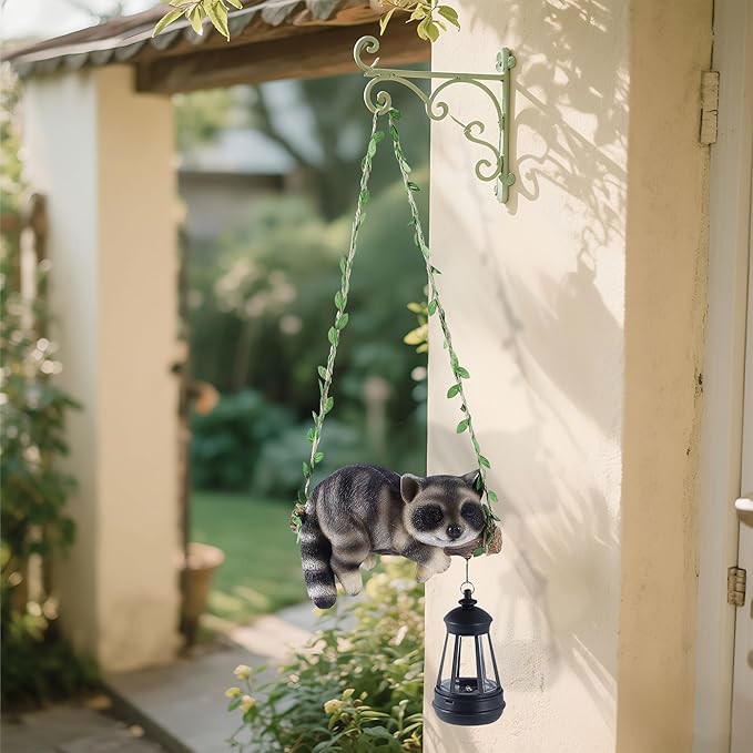 Solar Lighted Garden Outdoor Statue, 20.1" H Hanging Swing Lying with A Sleeping Raccoon and A LED Lantern, Resin Animal Figurine Hanging Ornaments with Hook for Decoration & Gift
