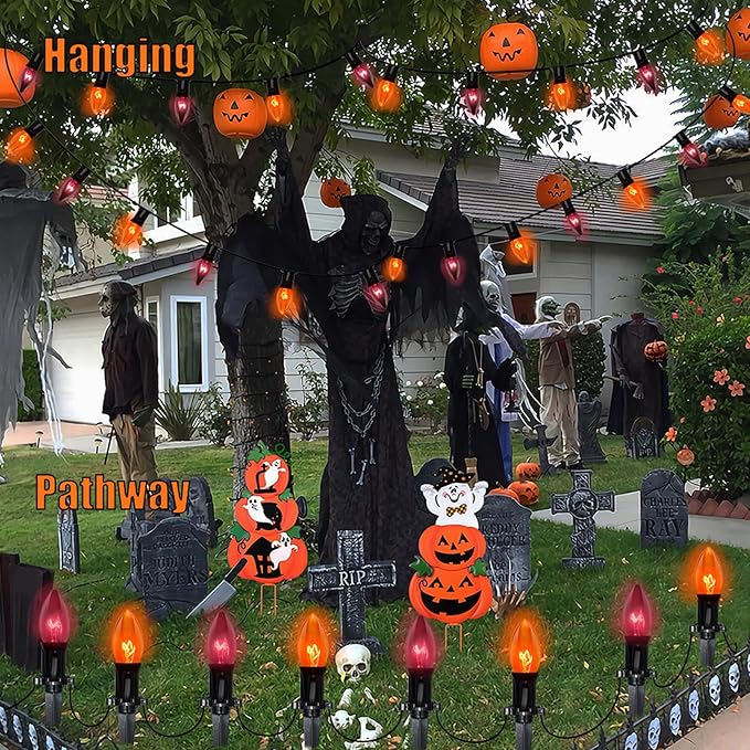 C9 Outdoor Halloween Pathway Lights - 19.5Ft Orange & Black Bulbs with 10 Stakes, Connectable Waterproof Markers for Yard, Lawn & Garden Decor