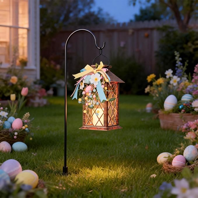 Easter Solar Lanterns Outdoor Waterproof, Hanging Spring and Easter Lantern with Flickering LED Candle, 13'' Bronze Outside Solar Powered Decorative Lantern for Patio Porch Garden Yard Pathway, 1 Pack