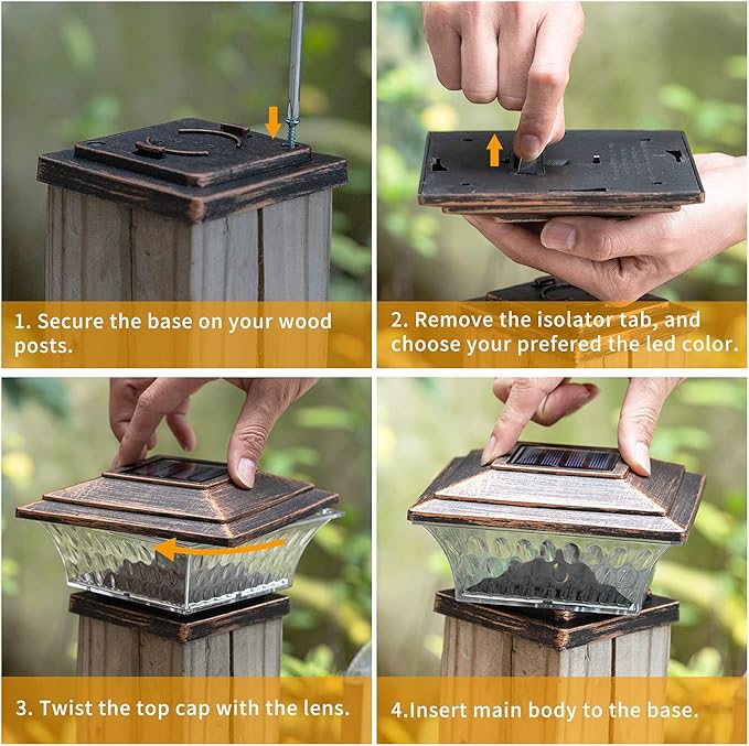 HUYIENO Solar Post Cap Lights Outdoor LED Lighting Deck Fence Cap Light Two Light Modes Warm White/Bright White Suitable for 4x4 Wooden Posts (Brushed Copper, 12pk)