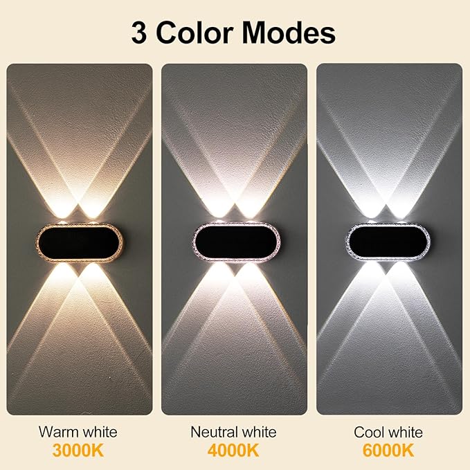 Fence Lights Solar Powered: Outdoor Wall Lighting IP65 Waterproof - Dual Focused LED Up Down - 3000K–6000K 3 Modes for Porch Backyard Patio - Diamond Crystal Cut Design 6 Pack