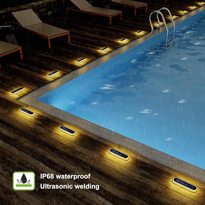 Solar Step Lights Outdoor Waterproof LED, 4 Pack Warm White Flat Solar Powered Deck Lights for Outside, Stick on Light Bar for Stair, Dock, Patio, Garden, Path, Walkway, Driveway, Porch