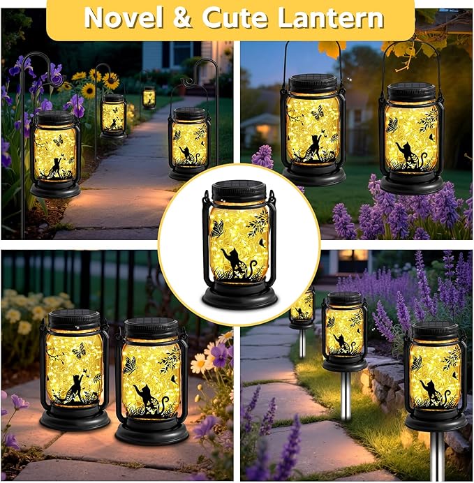 Cat Solar Lanterns 3-in-1 Outdoor Waterproof - Birthday Gifts for Cat Lovers Women Mom Christmas, Mason Jar Hanging Lanterns with Stake, Garden Decor Lights for Patio Yard Balcony Decorations