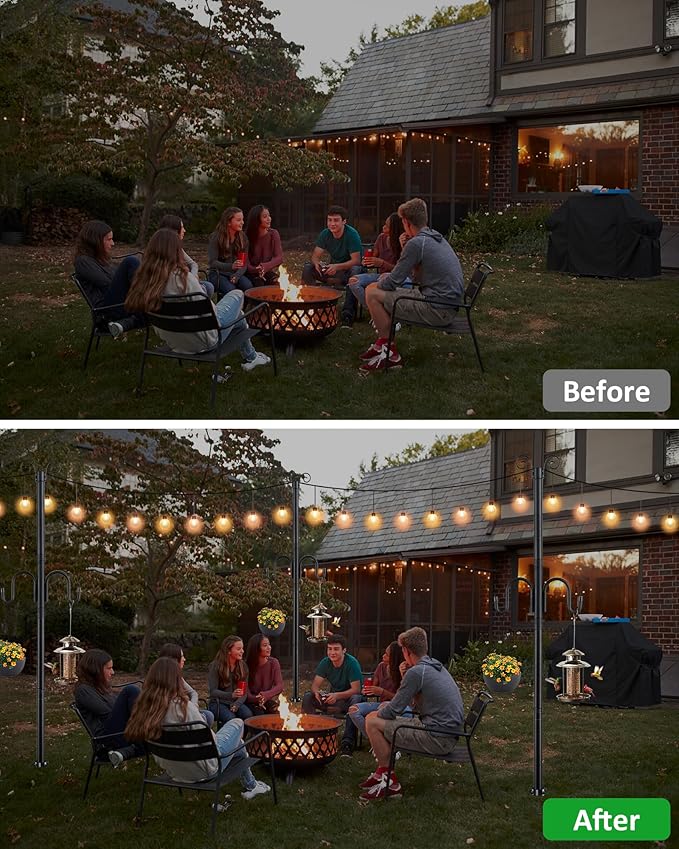 1.5 Inch Heavy Duty String Light Poles with 16.9” Spiral Ground Anchor - for Patio, Deck & Holiday Lighting, 8.5FT Adjustable Outdoor Post, Easy Screw-in Installation, Decorative Scroll Top & Hooks