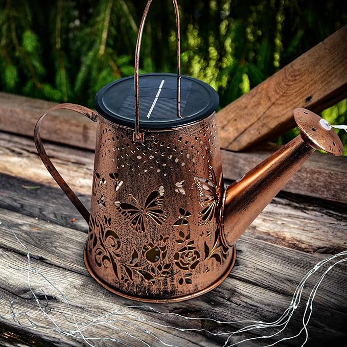 Anordsem Solar Watering Can Lights: Metal Butterfly Lantern Outdoor with Hook - Waterproof Garden Art Hanging Decoration for Yard Patio Lawn - Christmas Birthday Gifts for Women Mom Grandma