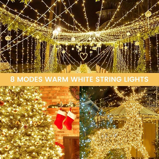 4 Pack Christmas String Lights Battery Operated with Timer, 132FT 400 LED Waterproof Twinkle Lights, 8 Modes Fairy Light for Indoor and Outdoor Bedroom Garland Tree Christmas Decorations (Warm White)