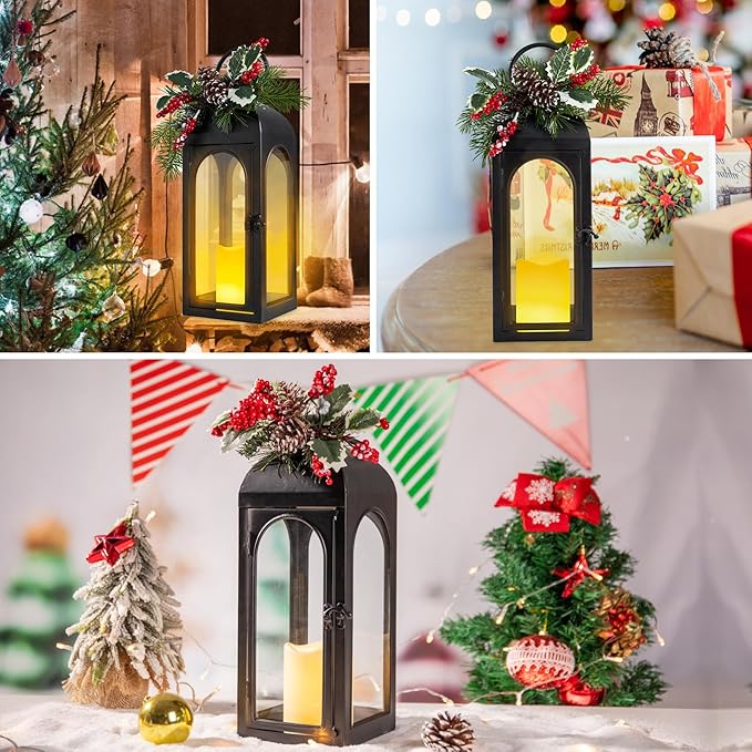 Decorative Candle Lanterns Outdoor Large 15.5“ Battery Powered Hanging Lanterns with Flameless Candle for Front Porch, Entrance, Indoor, Black, 1 Pack