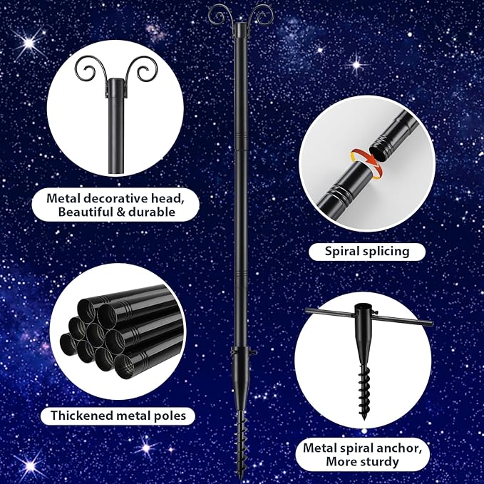 10FT String Light Poles with Spiral Ground Stakes, 38mm Adjustable Height Rustproof Metal Posts for Garden Lawn Patio, Christmas Wedding Party Outdoor Decoration (Black, 1 Pack)