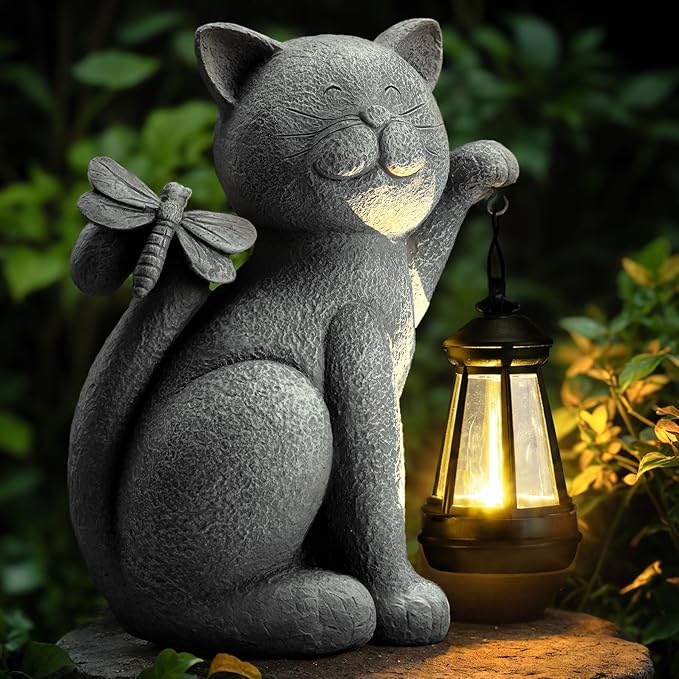 Solar Garden Outdoor Statues Cat with Solar Lantern,Outdoor Cat Figurines Decorations,Lawn Home Decor for Patio, Balcony, Yard Ornament,Unique Housewarming and Birthdays Gifts for Mom Women Grandma