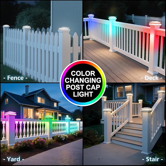 Solar Post Cap Lights Outdoor with RGB Color Changing - 6 Pack White Fence Post Solar Powered Lights IP65 Waterproof Fits for 5x5 5.5x5.5 Vinyl Posts, Decorating Yard Deck Fence Patio