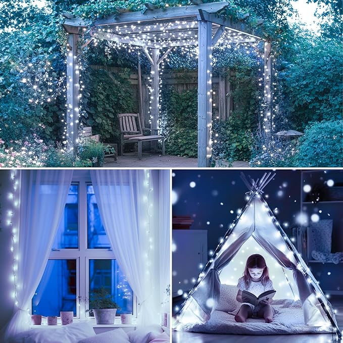 White Christmas Lights Outdoor Battery Operated String Lights Total 100LED 33Ft with Timer 8 Modes 16.4Ft*2 Waterproof Outdoor Indoor for Christmas Decor, Cold White, 2-Pack