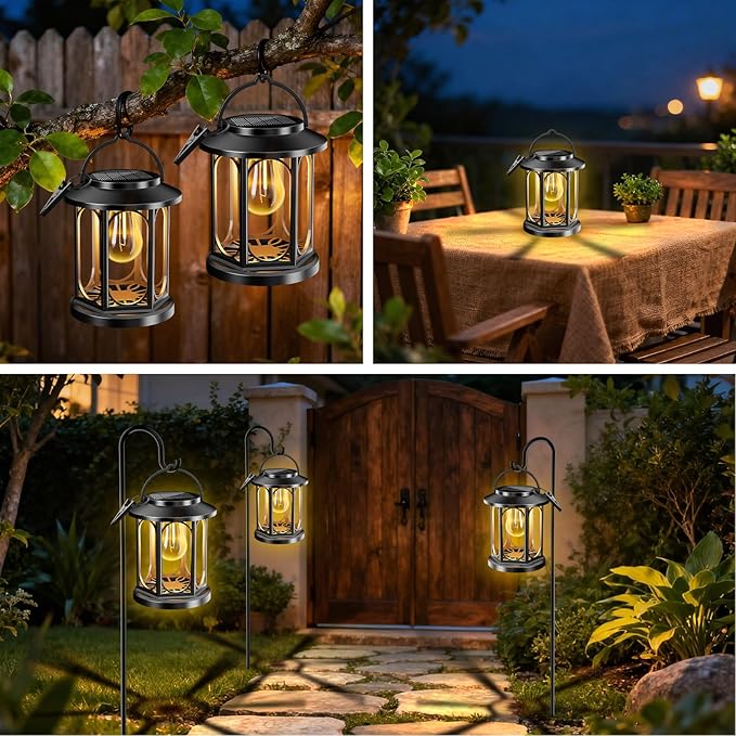 Solar Lanterns Outdoor Waterproof: Hanging Solar Lights with Handle & Clip for Outside Patio ,Porch ,Garden, Tabletop Decor - Bright LED Warm White Solar Powered Lighting,2 Pack