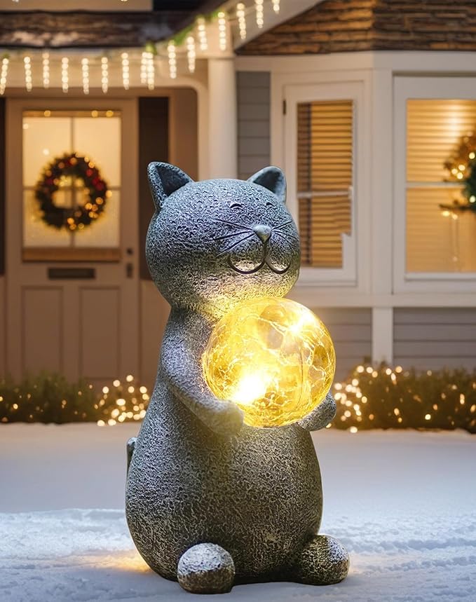 Solar Cat Statue Garden Decor - Cat Lover Gifts, with Gazing Solar LED Lights Ball Cats Decoration for Garden Yard Patio Lawn Balcony - Gifts for Mom Grandma (Gray)