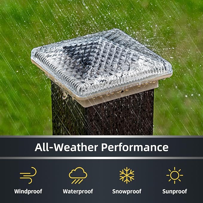 Glass Solar Post Cap Lights with Crystal Style - Decorative Deck Fence Lights for 4x4 5x5 Posts Hidden Solar Panel, Modular Design, 10Hr Runtime, IP65, Warm White, White, 2 Pack
