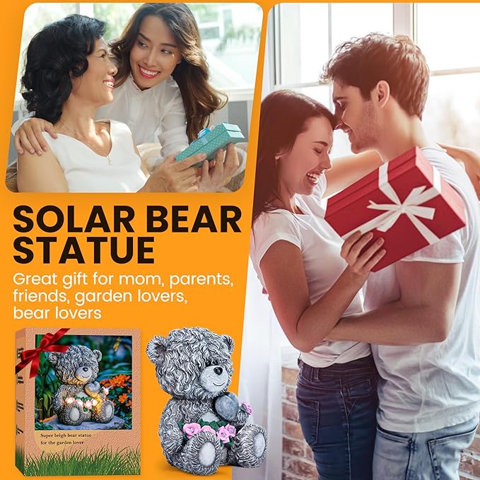 Solar Garden Outdoor Statues Bear with Heart and Pink Flower and 5 LED Lights-Lawn Decor Bear Statue for Patio, Balcony, Yard Ornament-Unique Housewarming Gifts for Mom, Women