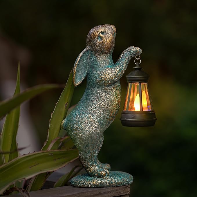 MININOVA Garden Statues Rabbit with Solar Lantern Resin Outdoor Bunny Figurines Decorations for Patio Yard Lawn Ornaments Gifts for Birthday Easter Housewarming