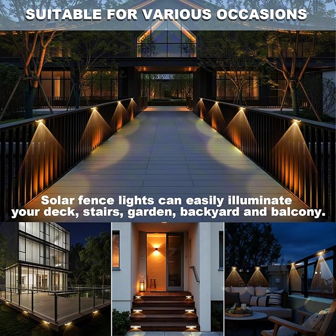 Solar Fence Lights Outdoor, 16 Pack Fence Light Solar Powered, Deck Lights Waterproof Led for Garden, Backyard, Patio, Pathway, Railing, Pool, Stairs, Step, Warm White