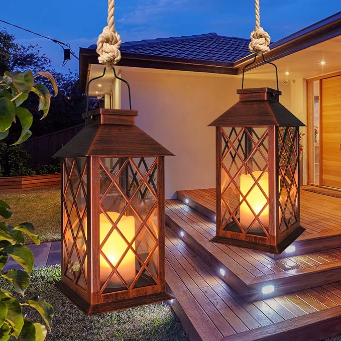 TAKE ME 14" Solar Lanterns Outdoor Garden Lantern Waterproof LED Flickering Flameless Candle Mission Lights for Table,Outdoor,Party