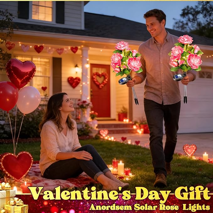 Anordsem Solar Garden Lights Outdoor: 10 Waterproof Fabric Roses 2 Pack - Pink LED Flower Decorations for Yard Patio Path Cemetery Grave - Mother's Day Gifts for Her Women Mom Wife
