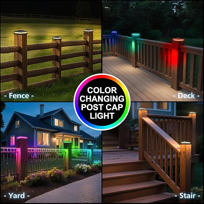 Solar Post Cap Lights Outdoor with RGB Color Changing - 6 Pack Black Fence Post Solar Powered Lights IP65 Waterproof Fits for 5x5 5.5x5.5 6x6 Wood & Vinyl Posts, Decorating Yard Deck Fence Patio