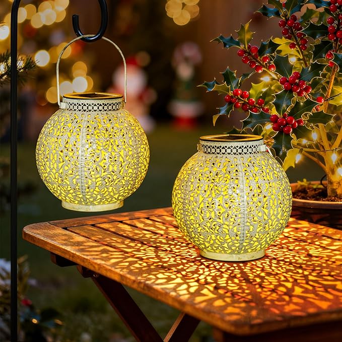TAKE ME 2 Packs Solar Lanterns Lights Outdoor Waterproof Garden Laterns Metal Retro Lights for Christmas Gifts Mom Wife Grandma Birthday Gifts (White Set of 2)