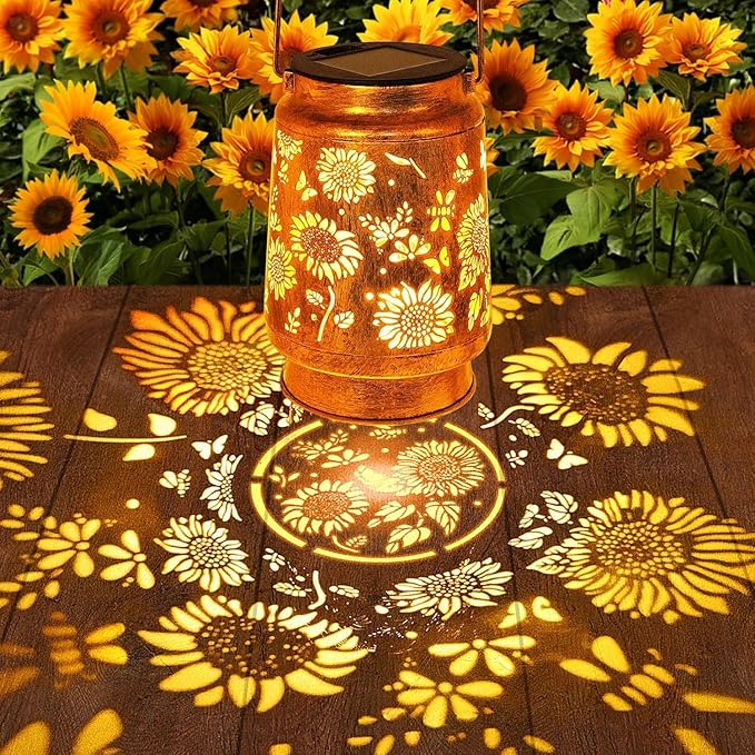 Solar Lanterns Outdoor with Shepherd Hook - Waterproof Sunflower Garden Decor, LED Hanging Lights Metal Decor for Yard, Patio, Porch, Lawn, Tabletop - Perfect Christmas Gift for Women, Mom, Grandma