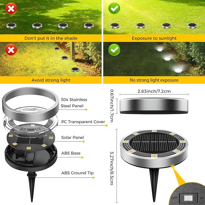 6 Pack Solar Ground Lights Outdoor, 8 LED Mini Flat Solar Disc Lights, IP65 Waterproof Pathway Lights Solar Powered, Landscape Lighting for Garden Walkway Driveway Pathway Yard Lawn,Cool White