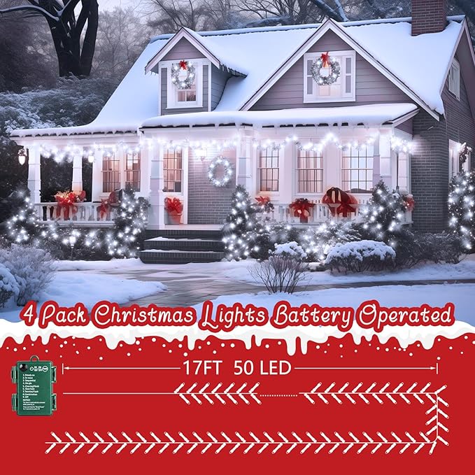 4-Pack 66ft Christmas LED String Lights, Waterproof Timer Lights