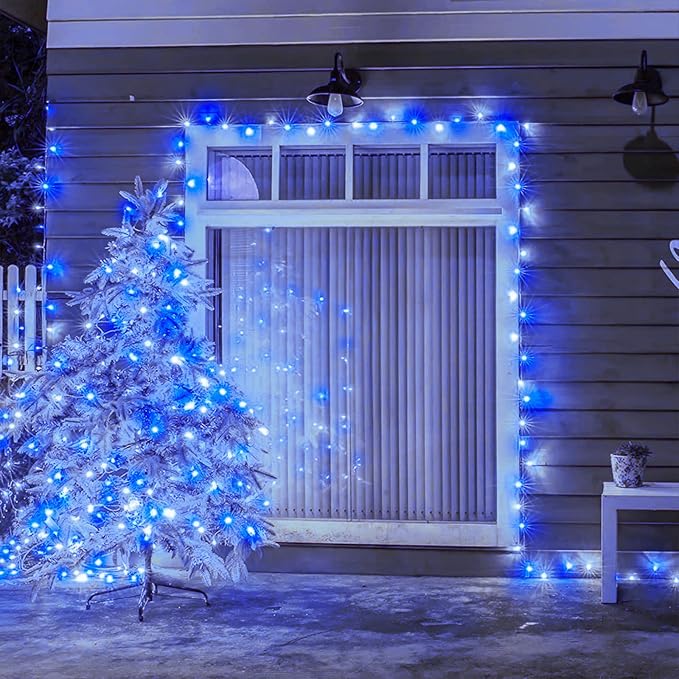 Hopolon Blue and White Christmas Lights Outdoor,33FT 100 Led Plug in Fairy String Lights Clear Wire,8 Modes Waterproof Christmas Tree Light for Indoor Outside Bedroom Party Wedding,100 LED,Blue White