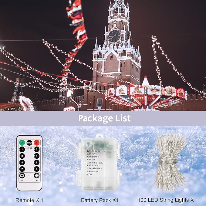 echosari LED String Lights, 100 LED Battery Operated Fairy Lights with Remote Dimmable Timer 8 Modes Christmas Lights for Outdoor Indoor Backyard Room Decoration (Cool White)