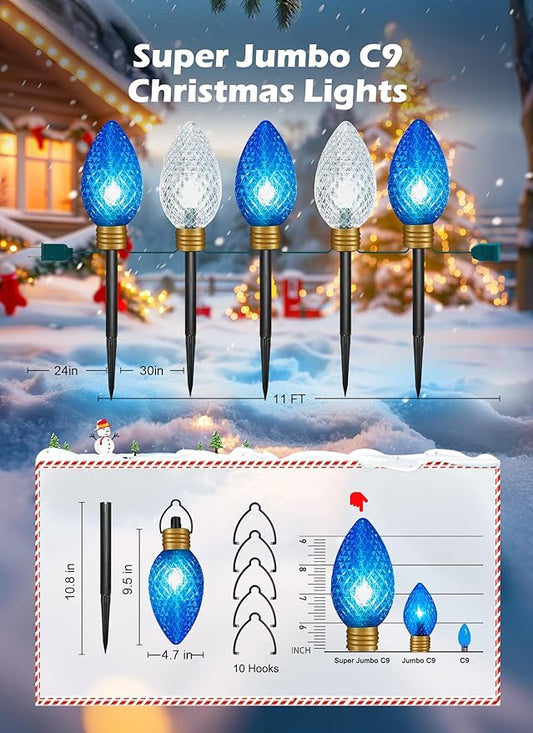 Moonflor Strawberry Super Jumbo C9 Christmas Pathway Lights Outdoor - 2 Pack Total 22 FT 10 LED Jumbo C9 Pathway Lights, Hanging Christmas Light Outdoor Decorations for Lawn Yard, Blue & Pure White