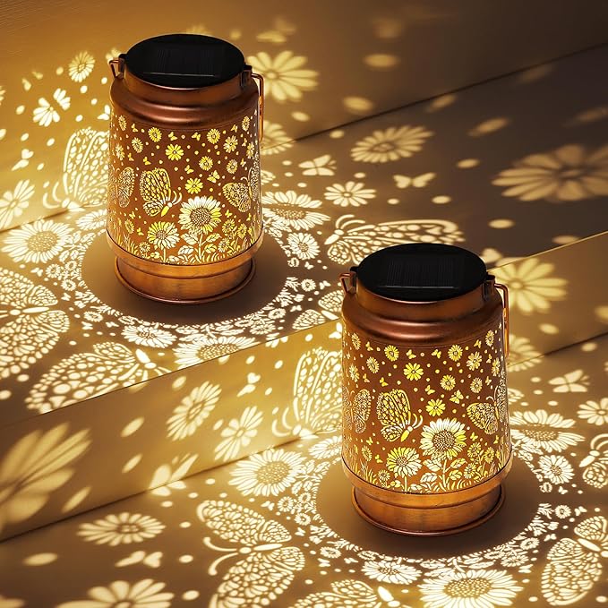 Butterfly Solar Lanterns Outdoor Waterproof Sunflower Garden Decor Birthday Gifts for Women Mom Grandma Hanging Solar Lights Metal Lantern Decoration Outside for Porch,Patio,Yard,Backyard