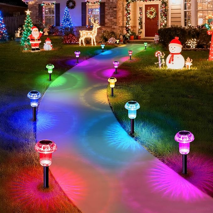 Solar Lights Outdoor Pathway Waterproof 12 Pack Color Changing LED Acrylic Mushroom Decorative Garden Lights for Yard Landscape Patio Outside Decorations