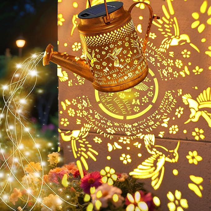 VOOKRY Solar Lights Outdoor Waterproof, Hummingbird Retro Metal Solar Watering Can Lights, Birthday Gifts for Women Mom Grandma, Hanging Lantern Decorative Garden Decor for Outside Yard Lawn Patio