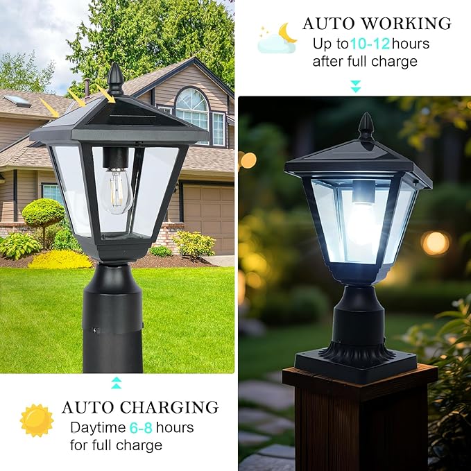 Solar Post Lights Outdoor – No Wiring Required, Auto Dusk to Dawn Fence & Pillar Light for Backyard, Garden, Pathway, Metal and Glass Built Weather Resistant Post Lamp Lights (Warm White)