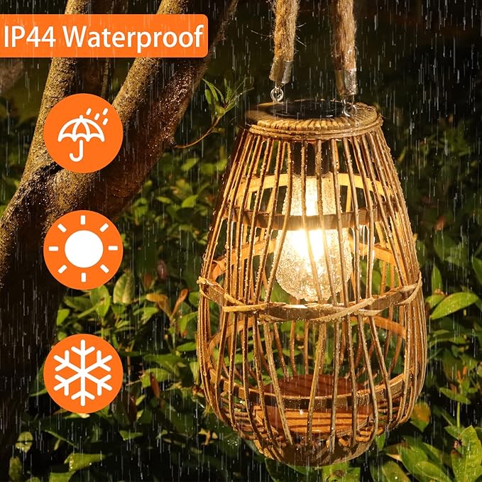 Natural Rattan Solar Lantern with Handle - Large Waterproof LED Decorative Garden Lights, Bright Rattan Solar Table Lamp for Yard, Patio, Wedding, Home Decoration