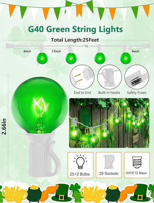 G40 Green St. Patrick’s Day Globe String Lights, 25Ft Outdoor St. Patrick’s Day Decorations Lights with 27 Green Incandescent Bulbs, Hanging Patio Lights Waterproof for Christmas Wedding Party Garden