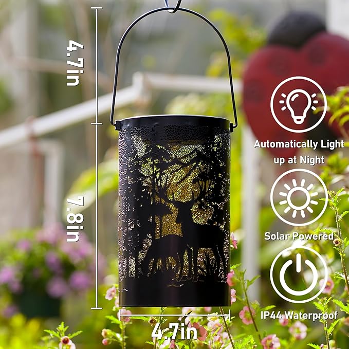 Solar Lantern Outdoor Waterproof Deer Garden Decor Birthday Gifts for Women Mom Grandma Hanging Solar Lights Metal Decoration Outside for Yard Patio Backyard Porch