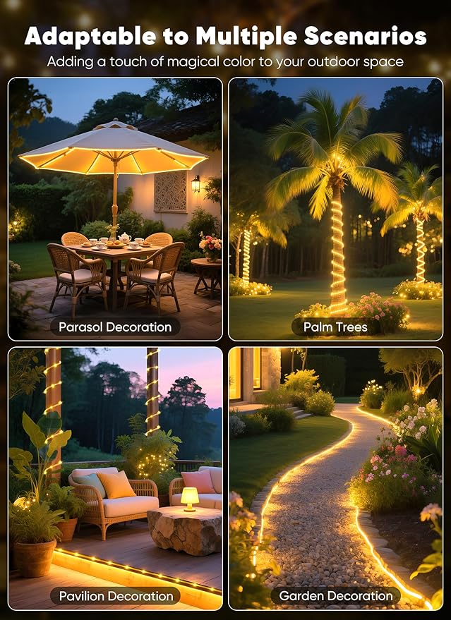 Brightown Solar Rope Lights, 39FT 100LED Outdoor Solar String Lights, IP65 Waterproof Solar Powered Fairy Lights with 8 Lighting Modes for Party Garden Yard Home Holiday Tree Decoration, Warm White