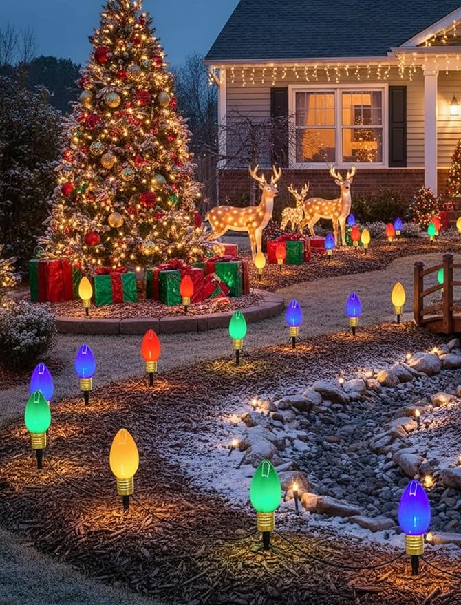 Jumbo C9 LED Christmas Pathway Lights Outdoor, 2 Pack 7 Ft Jumbo Christmas Lights with Pathway Marker Stakes, 8 Giant Multicolor Bulbs Outdoor Holiday Decorations for Lawn Yard Garden